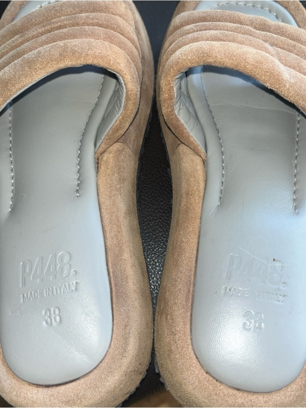 P448 Women’s Tan Suede Slide Mules with Gray Insole